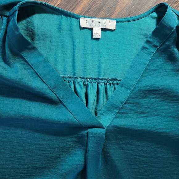 CHAUS, New York Jade Green Classic Style Satin Tunic Blouse SIZE L - Picture 3 of 7